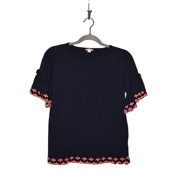 CREWCUTS‎ $48 Embroidered Flutter Sleeve Cotton Top Navy Pink Girl's 16 - Picture 1 of 4